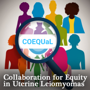 COEQUaL: Collaboration for Equity in Uterine Leiomyomas - colorful silhouettes of women in the background with a magnifying glass focused on COEQUaL